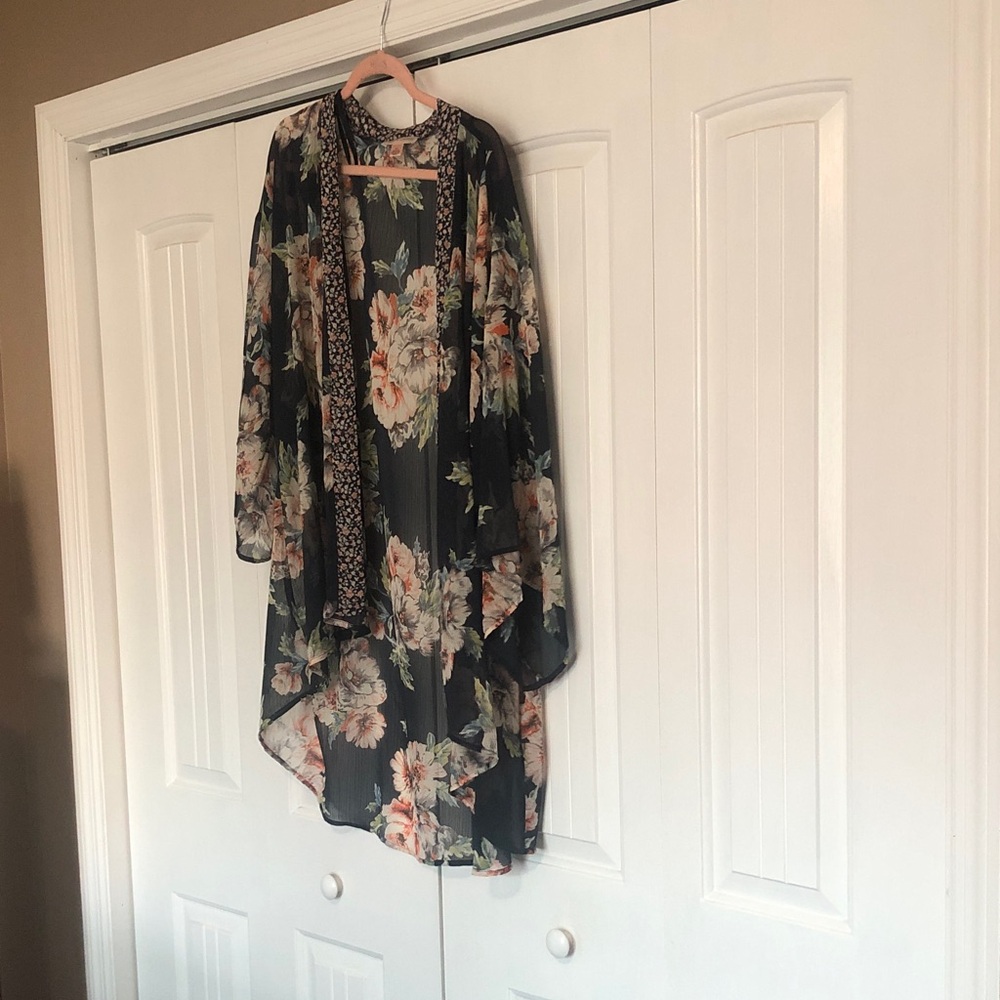 Sheer Floral Open-Front Kimono Cardigan - Blue with Peach Bloom